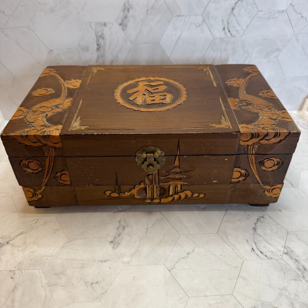 Vintage Asian Carved Jewelry Music Box Wood Pagoda Scenes Dresser Chest in EUC